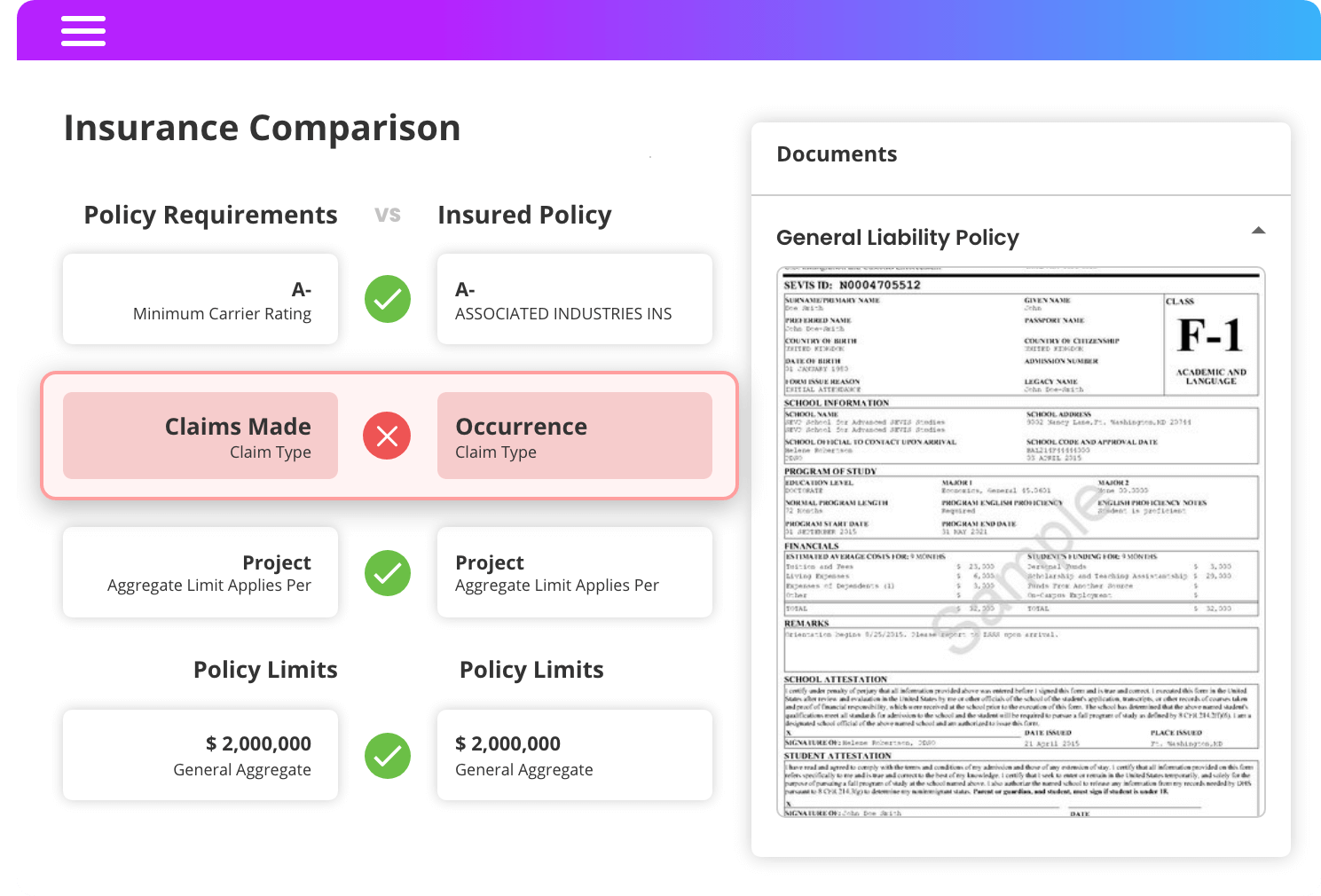 Compare Policy Details to Requirements